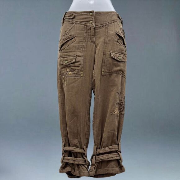 Y2K Grunge MNG Mango Brown Cargo Capri Pants Floral Embroidery Buckle Hem Size 2 - Picture 1 of 8